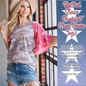 Ruffled Sleeve Contrast Star/Camo Top